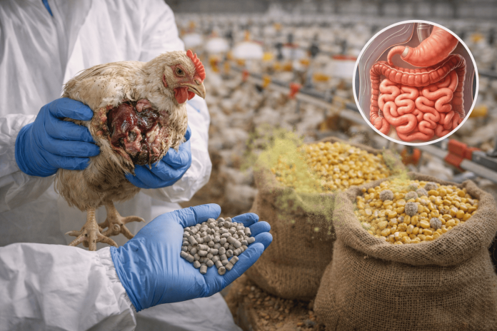 Veterinarian examines sick chicken in poultry farm (1)